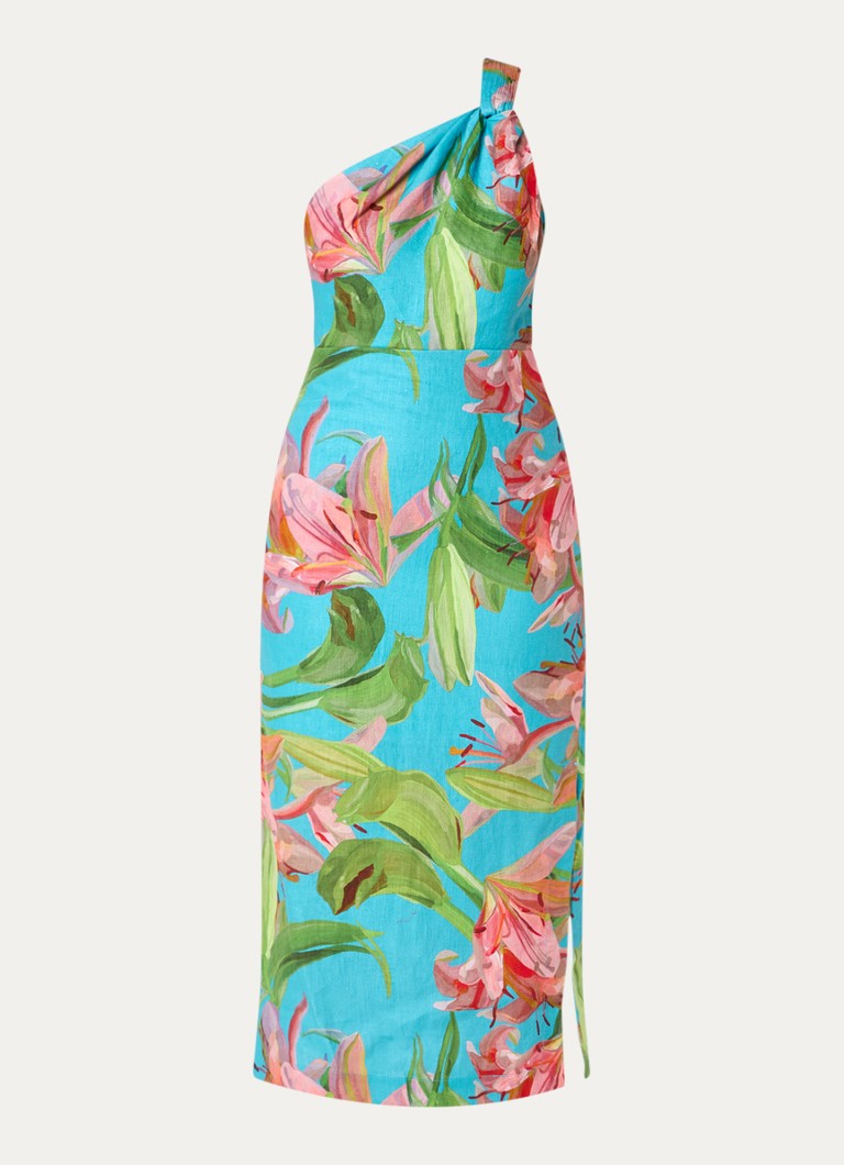 Farm Rio Dames Lily one shoulder maxi jurk met bloemenprint en split in de kleur Aquablauw
