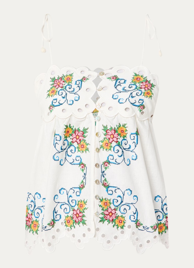 Farm Rio Dames Grandma's Treasure top in linnenblend met bloemenborduring in de kleur Gebroken wit