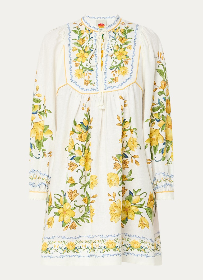 Farm Rio Dames Sicily mini tuniekjurk in linnenblend met bloemenprint in de kleur Gebroken wit