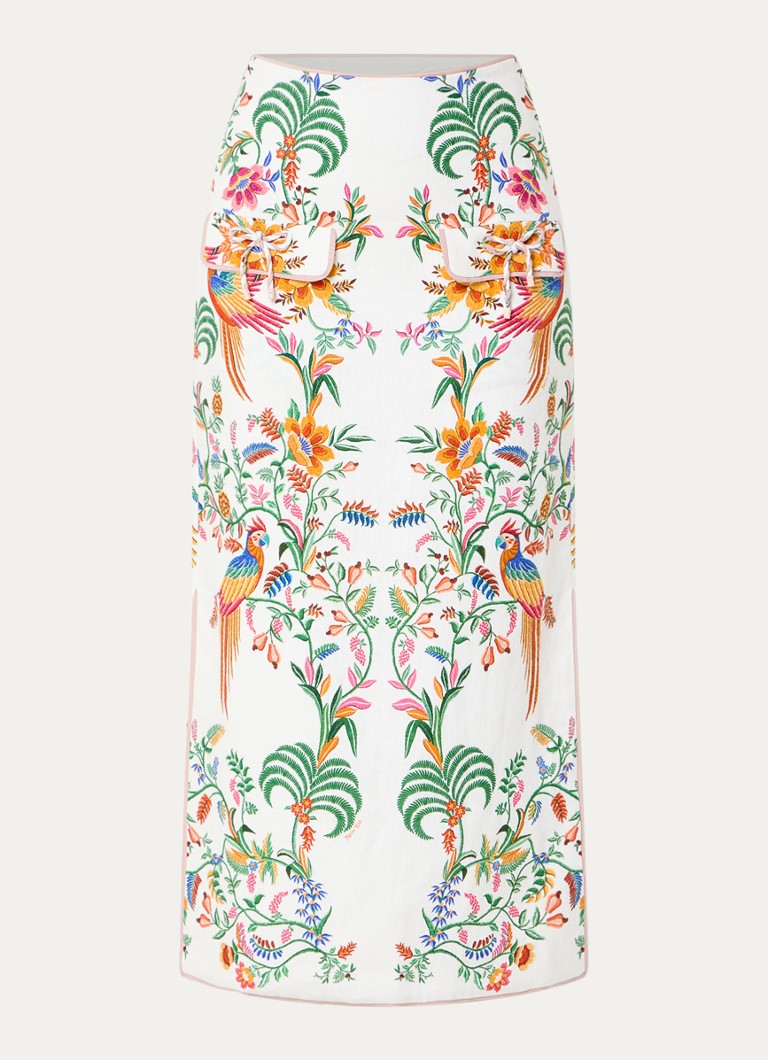 Farm Rio Dames Delicate Forest midi rok van linnen met bloemenprint in de kleur Gebroken wit