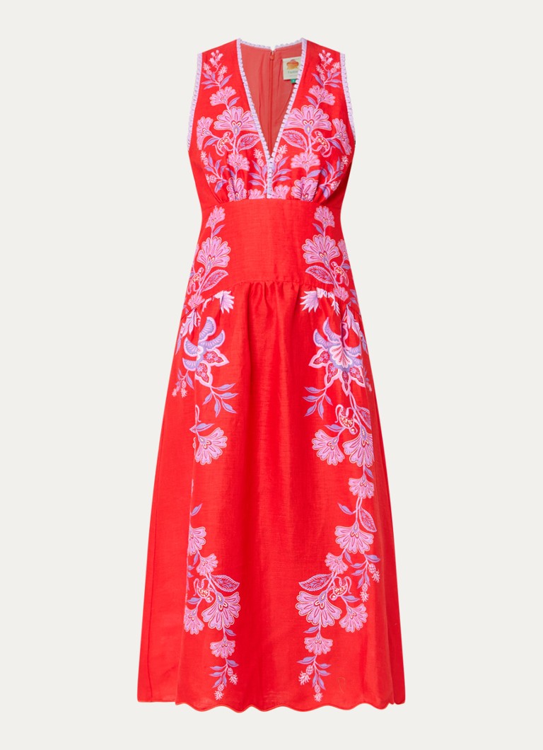 Farm Rio Dames Midi jurk van linnen met bloemenprint in de kleur Rood