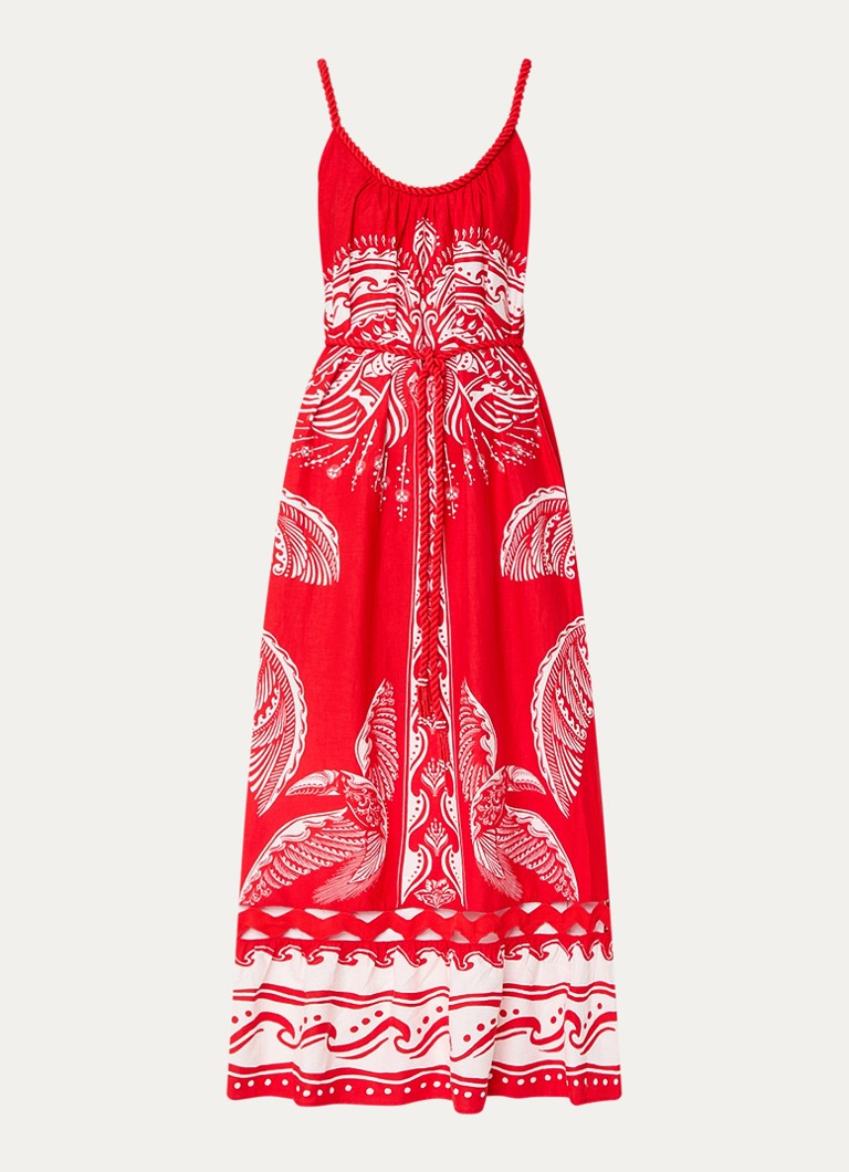 Farm Rio Dames Majestic Coconut Tree maxi jurk in linnenblend met volant in de kleur Rood