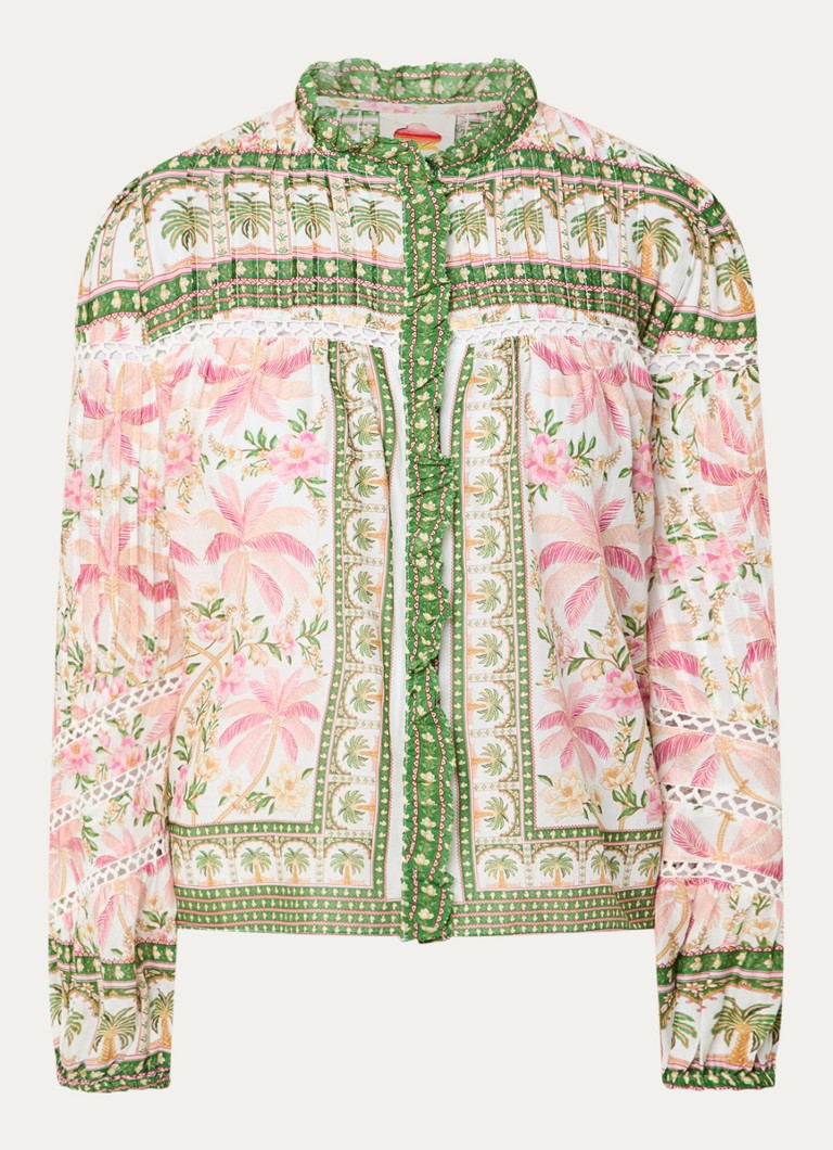 Farm Rio Dames Palm Dream blouse met opengewerkt dessin en print in de kleur Donkergroen