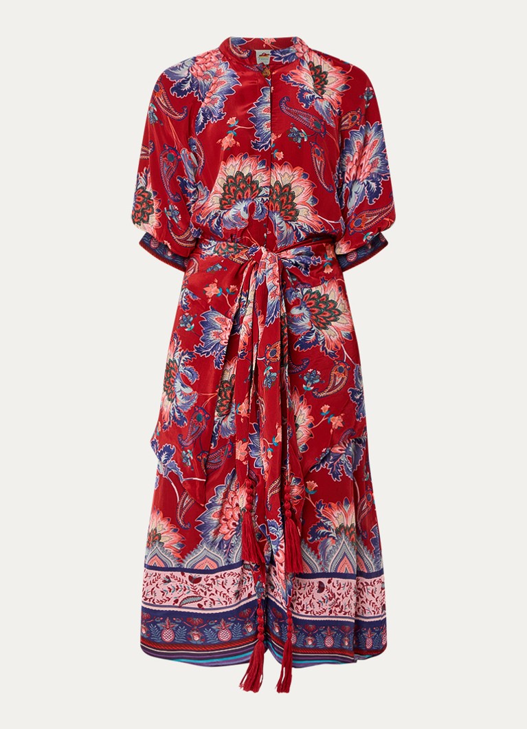 Farm Rio Dames Luang midi blousejurk met bloemenprint en gestrikt detail in de kleur Rood