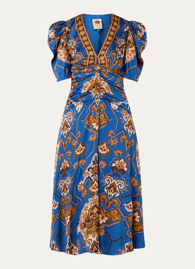 Farm Rio Dames Ornament Floral midi jurk met plooidetail in de kleur Kobaltblauw