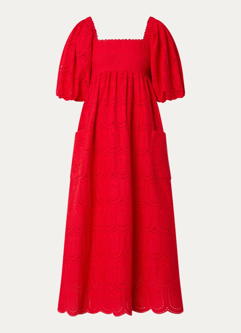 Farm Rio Dames Midi jurk met ballonmouw en broderie in de kleur Rood