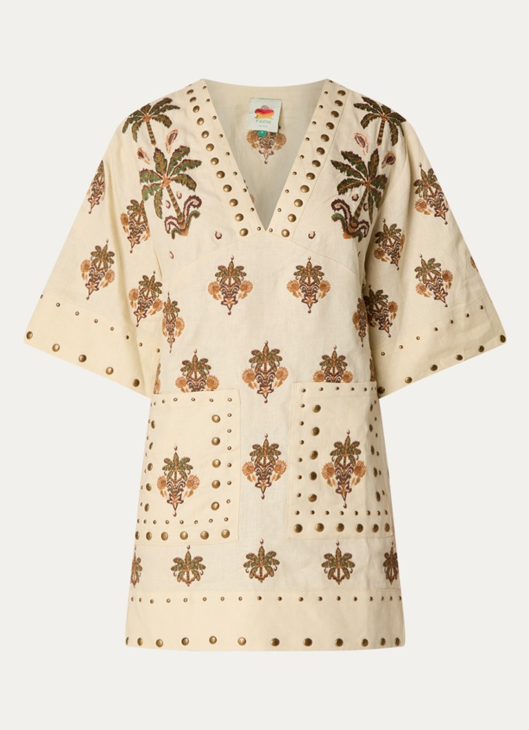 Farm Rio Dames Coconut Tree mini tuniekjurk van linnen met studs in de kleur Creme