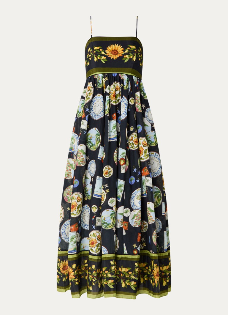 Farm Rio Dames Trip Souvenir midi jurk met print in de kleur Zwart