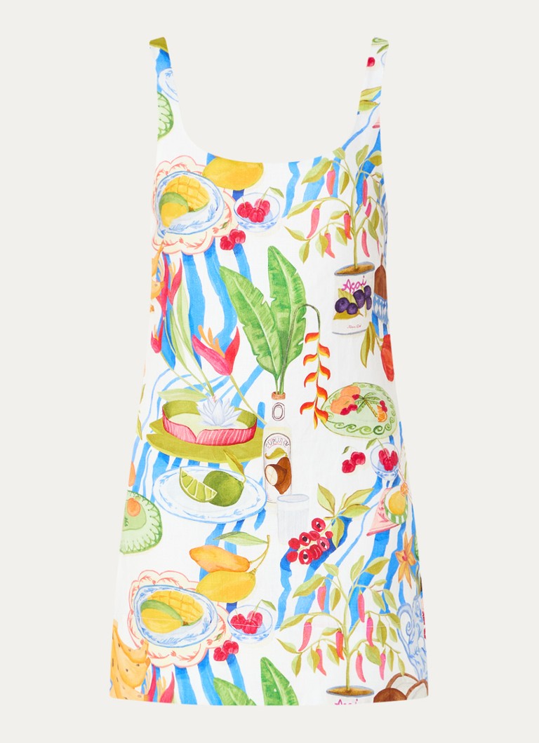 Farm Rio Dames Fresh Table mini jurk van linnen met print in de kleur Gebroken wit