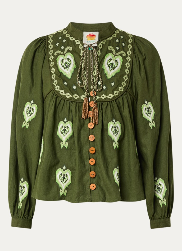 Farm Rio Dames Blouse in linnenblend met borduring in de kleur Legergroen