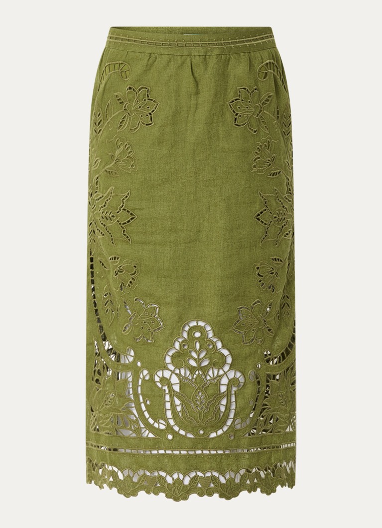 Farm Rio Dames Midi rok van linnen met broderie in de kleur Mosgroen