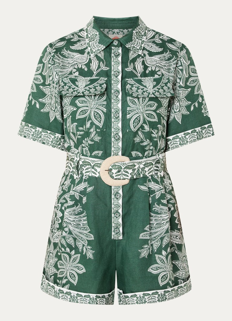 Farm Rio Dames Straight fit playsuit van linnen met paisley dessin in de kleur Groen