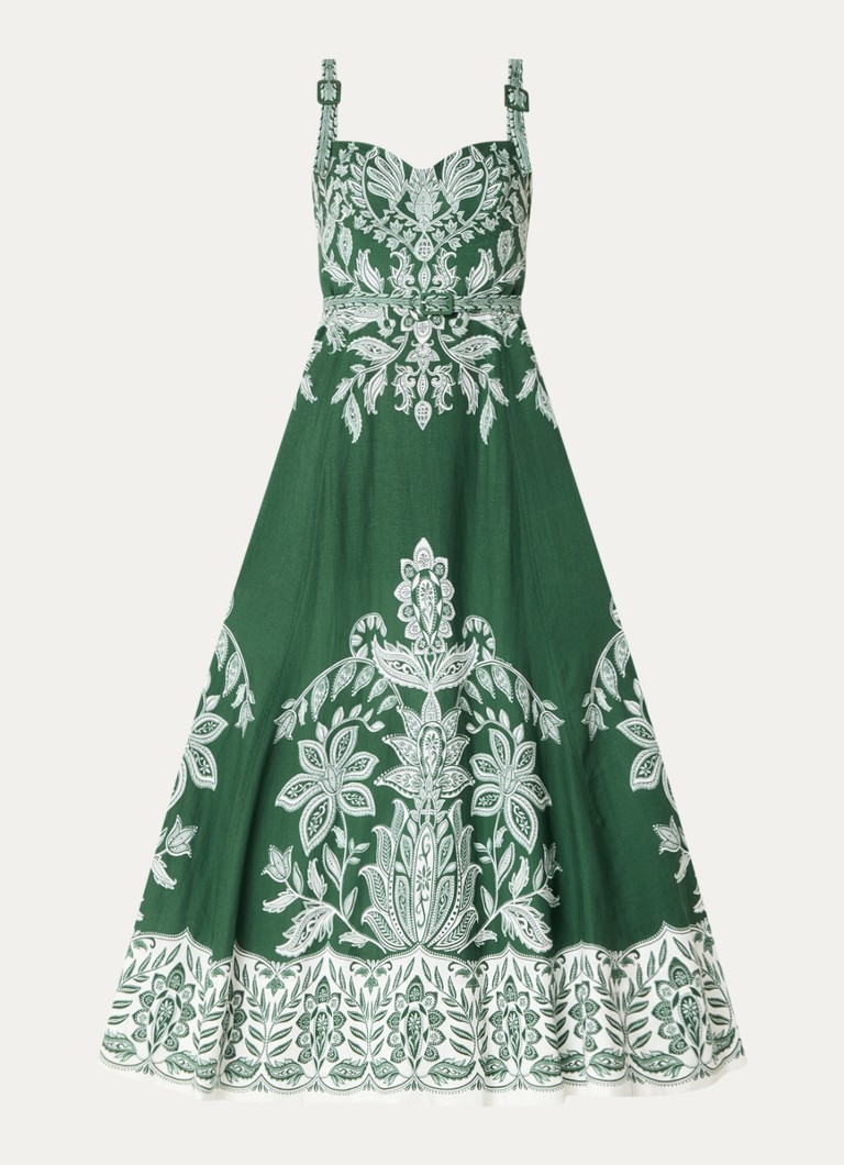 Farm Rio Dames Miranda maxi jurk in linnenblend met print in de kleur Donkergroen