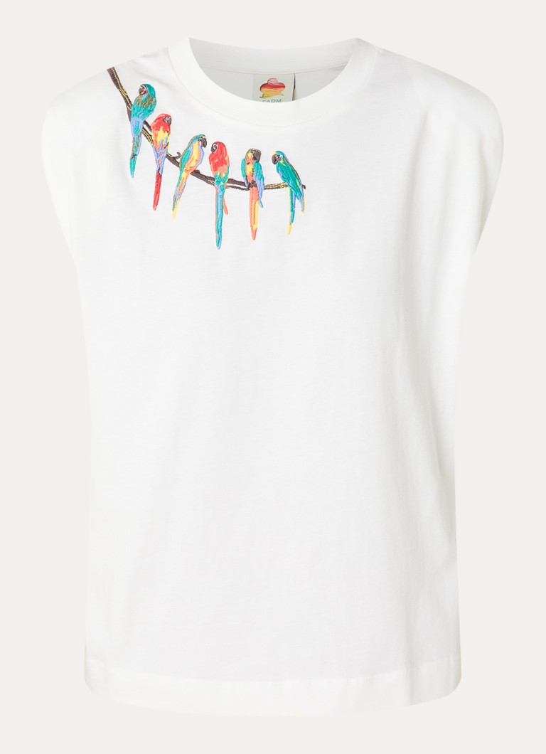 Farm Rio Dames Coconut Trees sweater met opengewerkt dessin en borduring in de kleur Gebroken wit