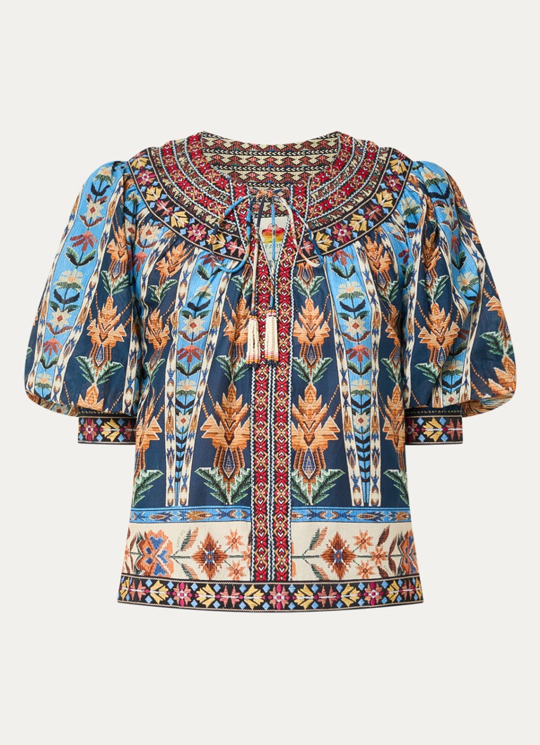Farm Rio Dames Tuniek met print en ballonmouw in de kleur Blauw