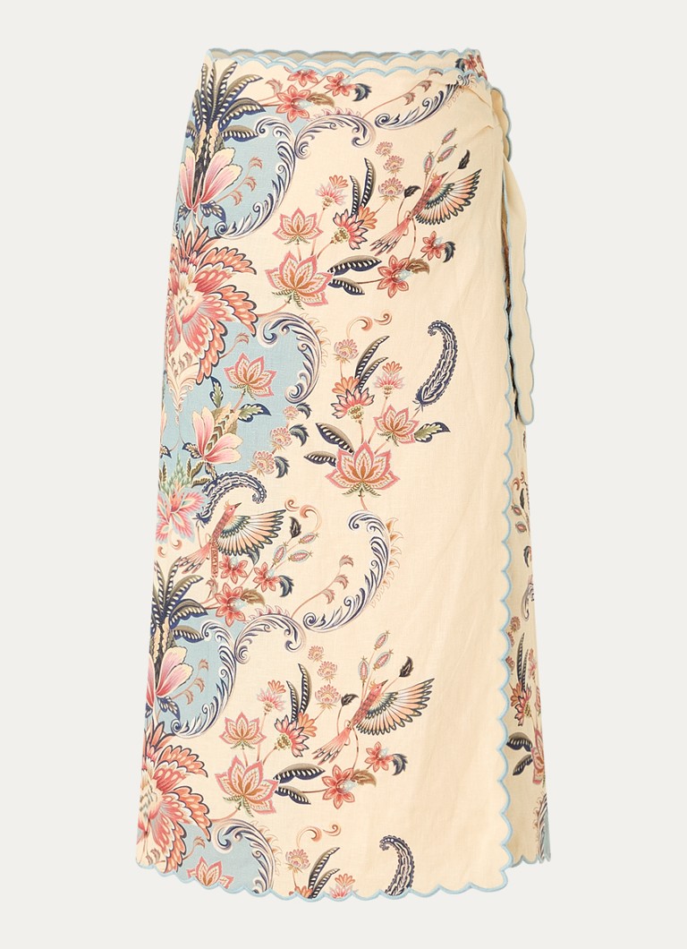 Farm Rio Dames Sea Garden midi rok van linnen met geschulpte zoom en print in de kleur Vanillegeel