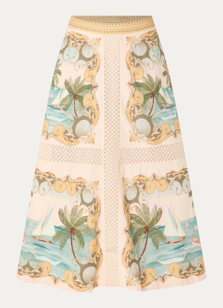 Farm Rio Dames Royal Sea midi rok in linnenblend met print in de kleur Creme