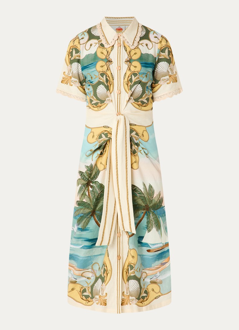 Farm Rio Dames Midi jurk in linnenblend met strikceintuur en print in de kleur Gebroken wit