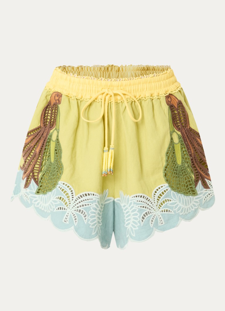 Farm Rio Dames Usiacurie loose fit korte broek in linnenblend met broderie in de kleur Groen