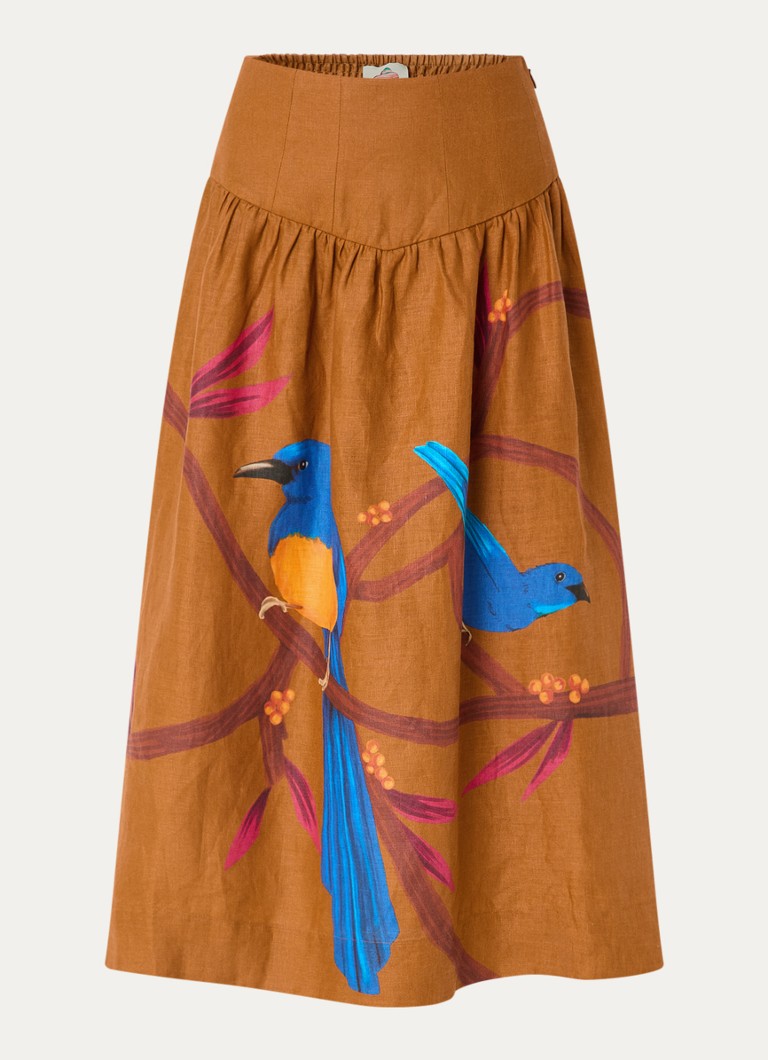 Farm Rio Dames Midi rok van linnen met print en smockwerk in de kleur Cognac