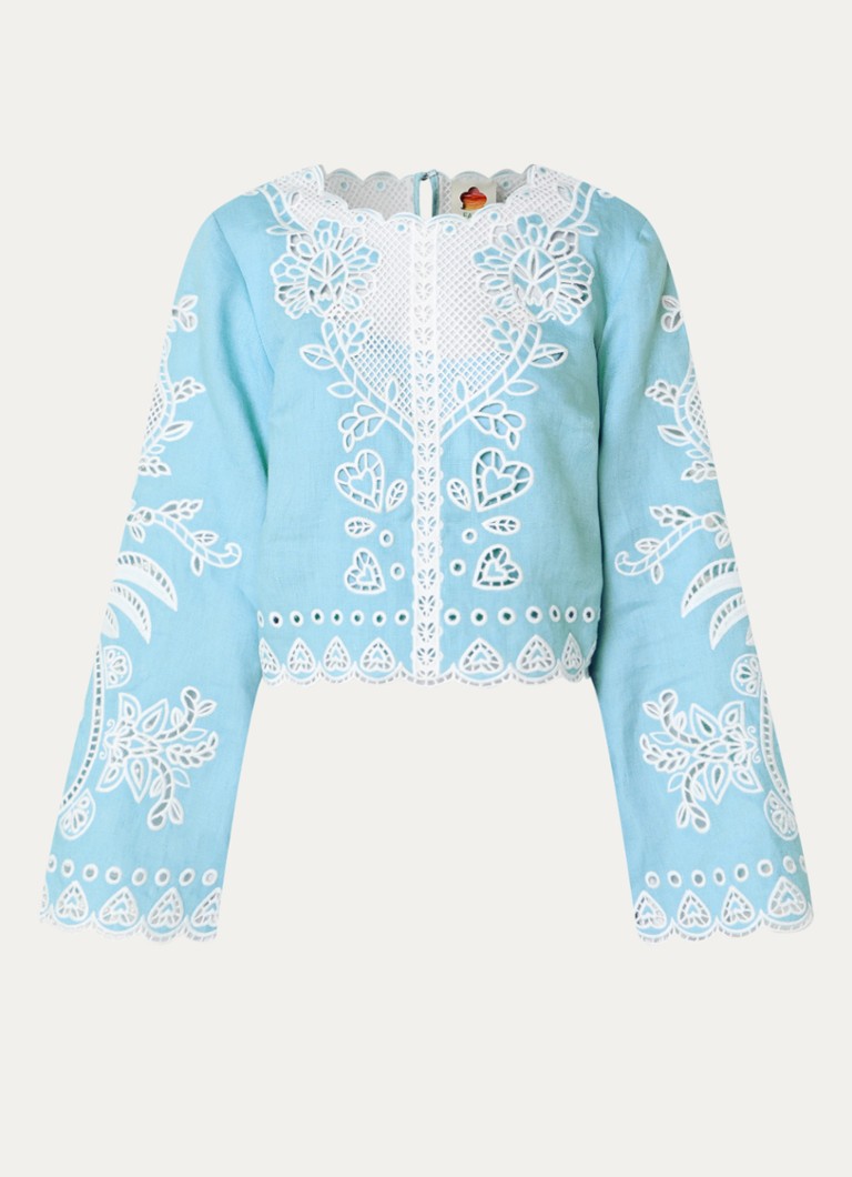 Farm Rio Dames Cropped tuniek van linnen met broderie in de kleur Aquablauw