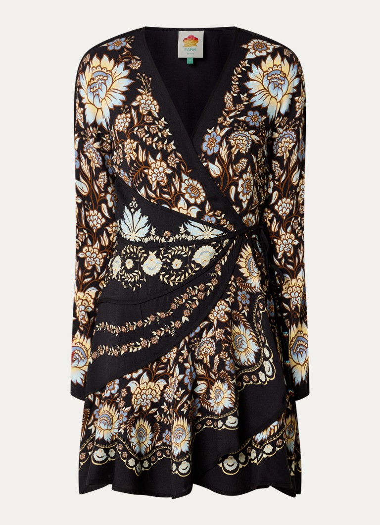 Farm Rio Dames Mini jurk met overslag en print in de kleur Zwart