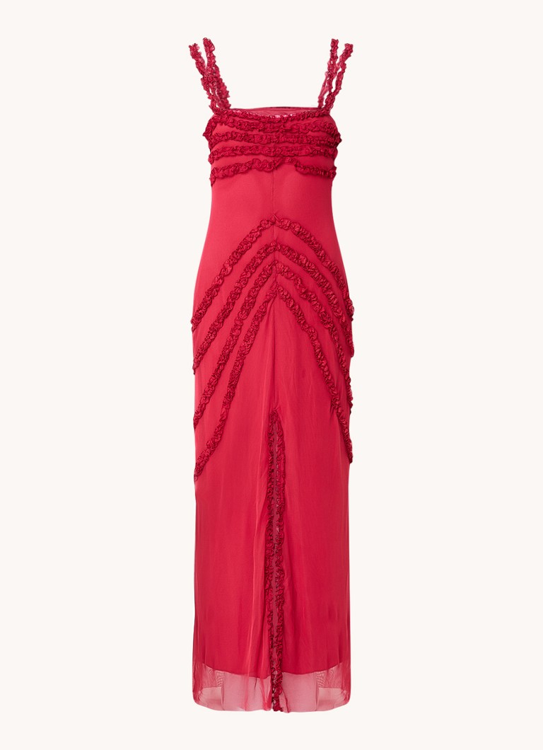 Laagam Dames Arabella maxi jurk met ruches en split in de kleur Cranberryrood, maat: L