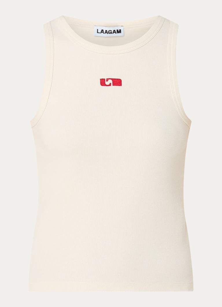 Laagam Dames Ribgebreide tanktop met logoborduring in de kleur Beige, maat: S