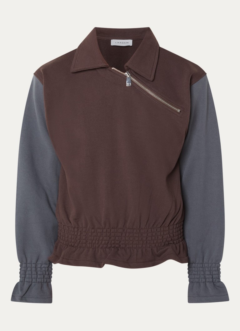 Laagam Dames Jolanda sweater met smockwerk en halve rits in de kleur Bruin, maat: S