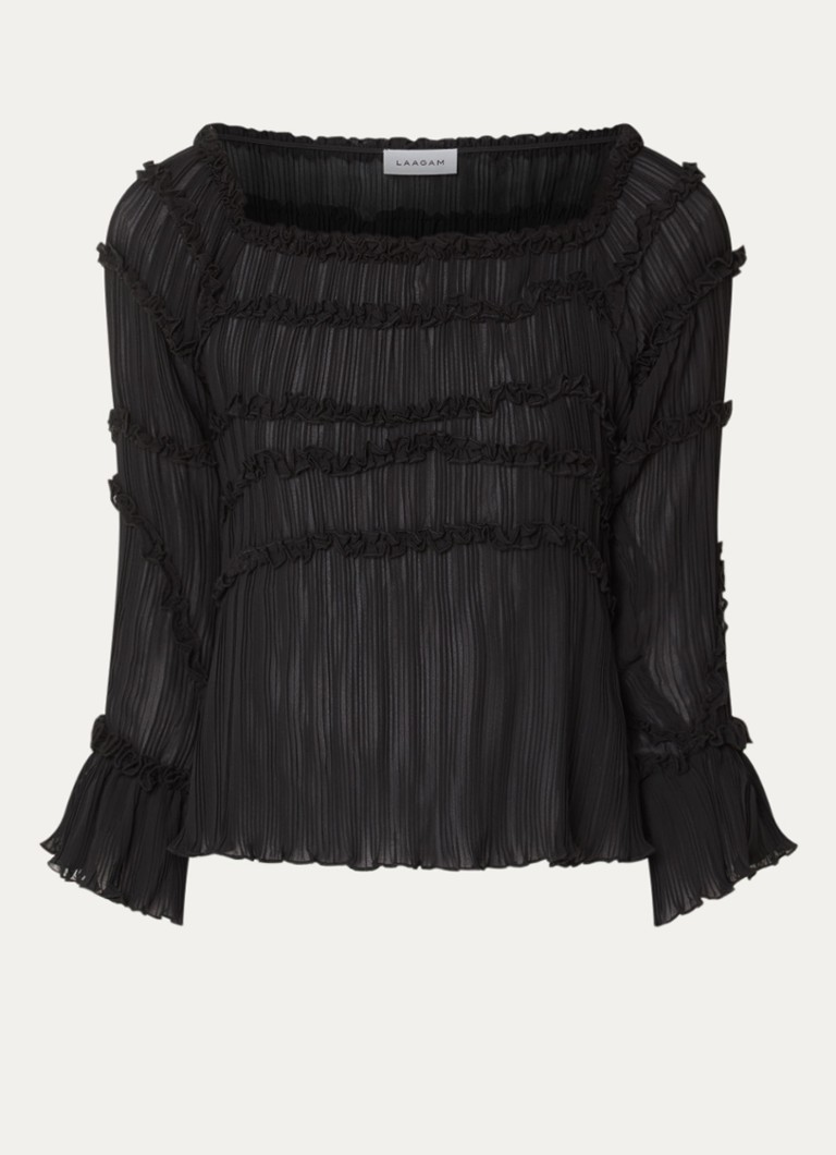 Laagam Dames Petra semi-transparante off shoulder top met plissé en volant in de kleur Zwart, maat: XL