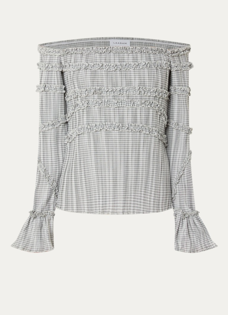 Laagam Dames Petra off shoulder top met ruitdessin en volant in de kleur Grijs, maat: XL