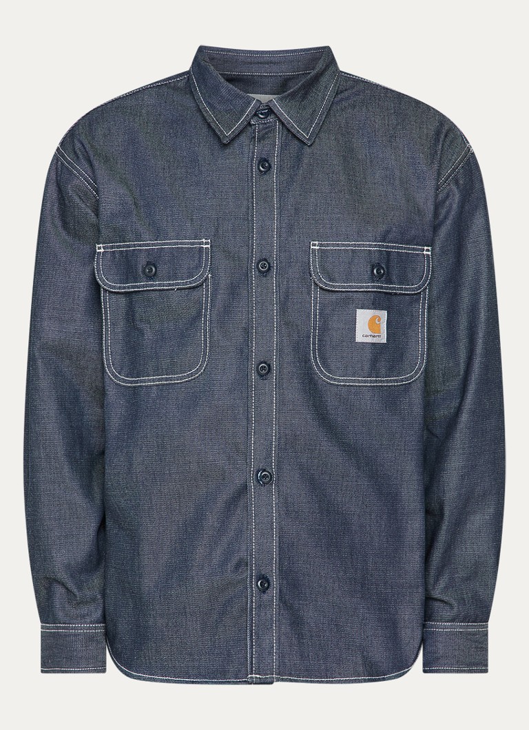Carhartt WIP Heren Tigan regular fit overshirt met borstzak en logo in de kleur Indigo, maat: L