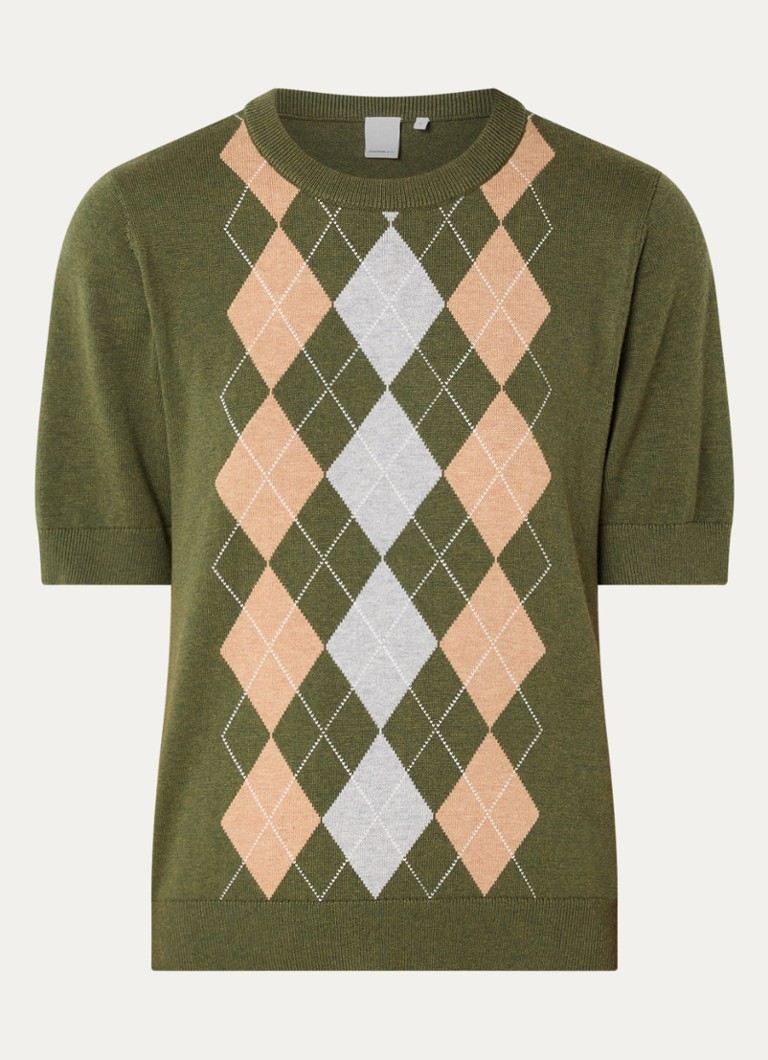 Josephine & Co Dames Chandler fijngebreide T-shirt in wolblend met ruit dessin in de kleur Legergroen