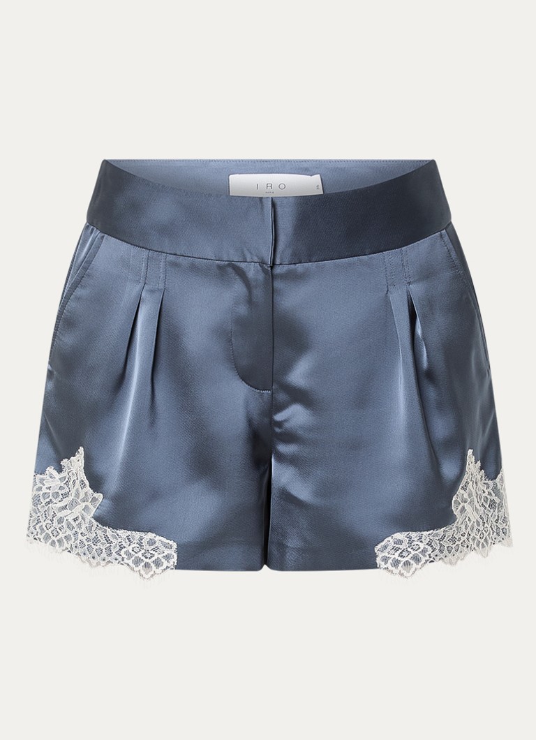 IRO Dames High waist wide fit korte broek van satijn met details van kant in de kleur Staalblauw