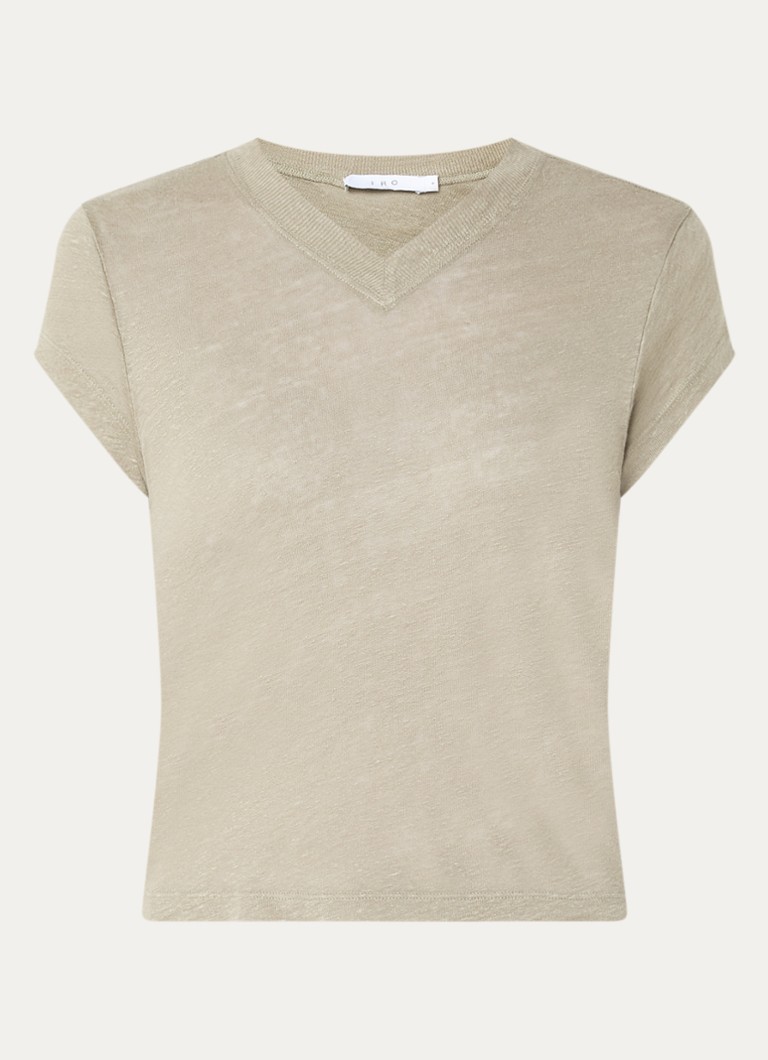 IRO Dames Sybel T-shirt van linnen met V-hals in de kleur Olijfgroen