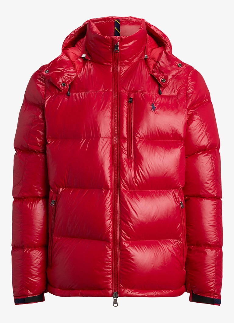 Ralph Lauren Heren Puffer jack met donsvulling en capuchon in de kleur Red Glossy / Rood