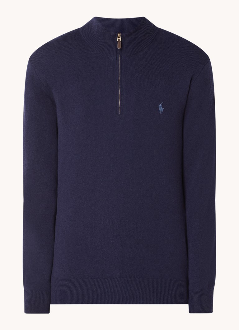 Ralph Lauren Heren Fijngebreide pullover van wol met halve rits in de kleur Hunter Navy / Donkerblauw