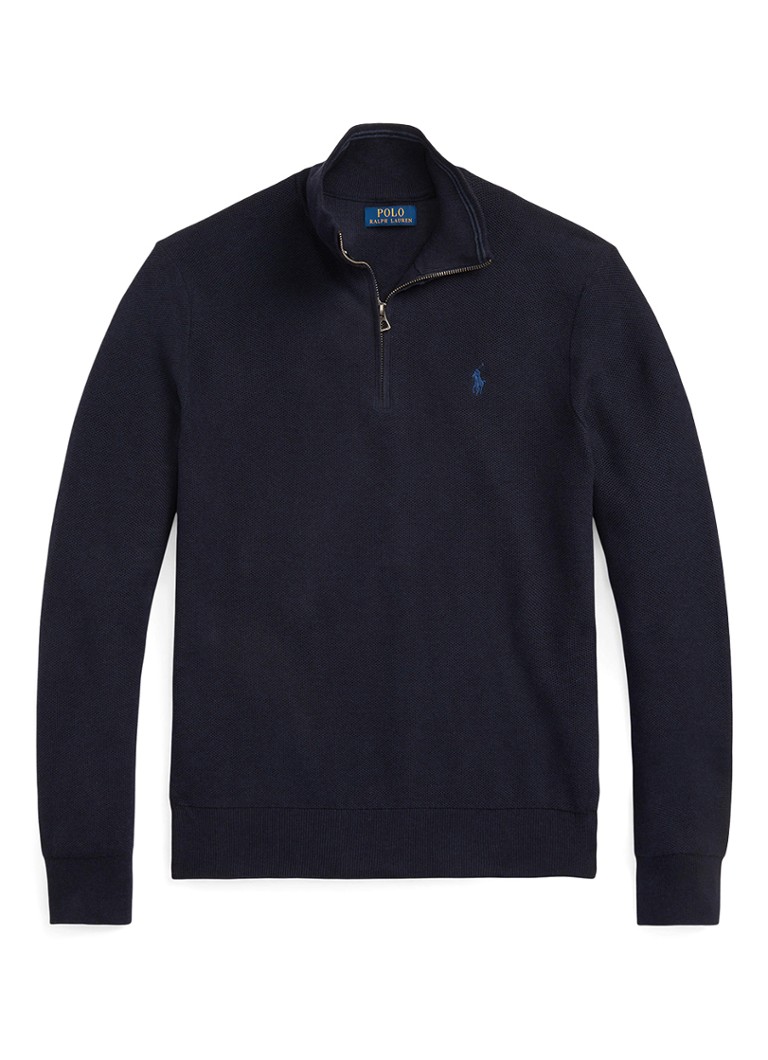 Ralph Lauren Heren Fijngebreide pullover met halve rits en logoborduring in de kleur Navy Htr / Blauw