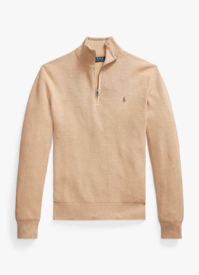 Ralph Lauren Heren Fijngebreide pullover met halve rits en logoborduring in de kleur Camel Melange / Beige