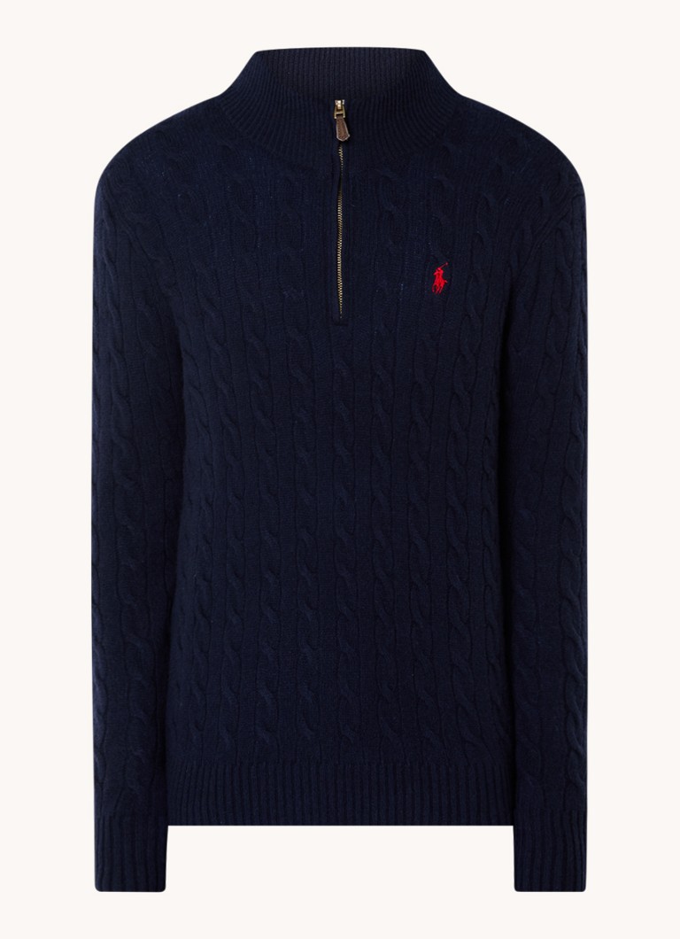 Ralph Lauren Heren Kabelgebreide trui in kasjmierblend met halve rits in de kleur Donkerblauw
