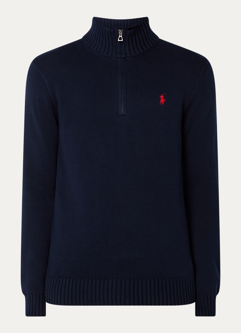 Ralph Lauren Heren Ribgebreide trui met halve rits en logoborduring in de kleur Hunter navy/Rood PP / Donkerblauw
