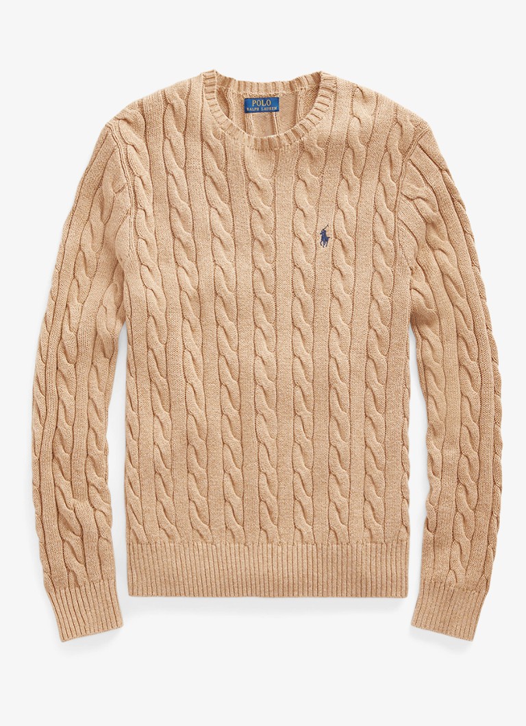 Ralph Lauren Heren Kabelgebreide pullover met logoborduring in de kleur Camel Melange-2X88