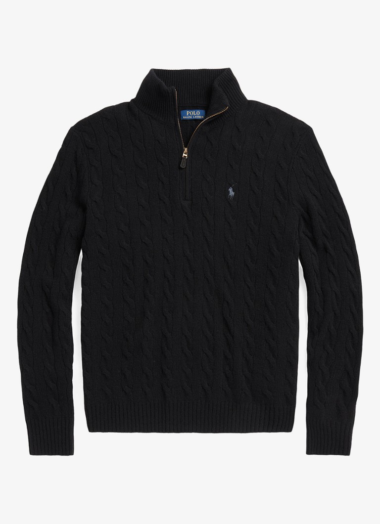 Ralph Lauren Heren Kabelgebreide trui in kasjmierblend met halve rits in de kleur Polo Black / Zwart