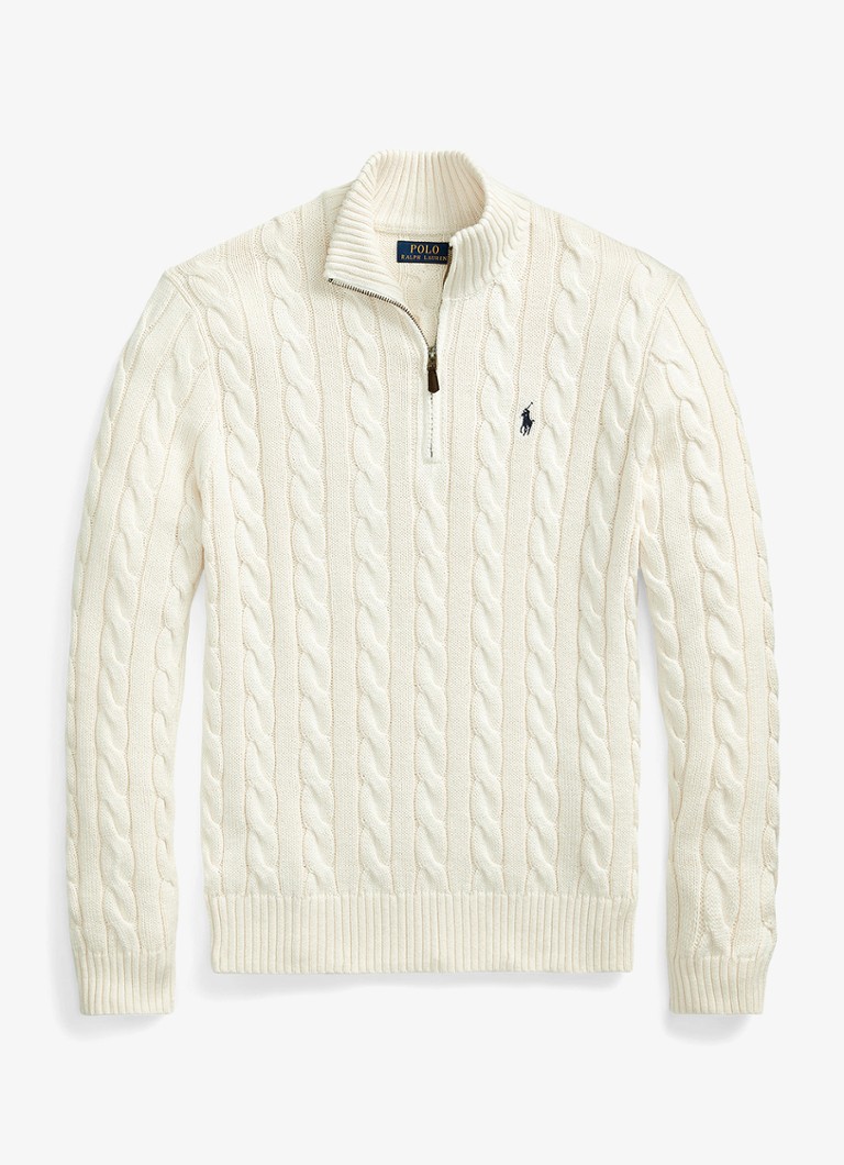 Ralph Lauren Heren Kabelgebreide trui met halve rits in de kleur Andover Cream / Creme