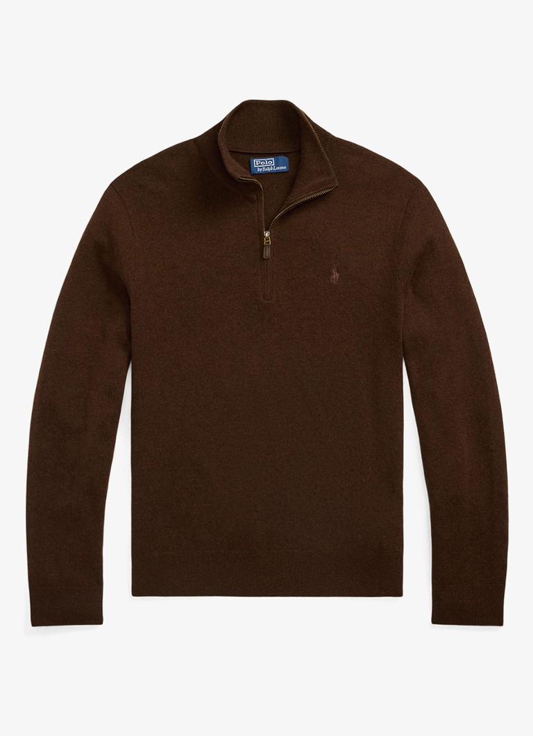Ralph Lauren Heren Fijngebreide pullover van wol met halve rits in de kleur Cacao Brown Heather / Brown