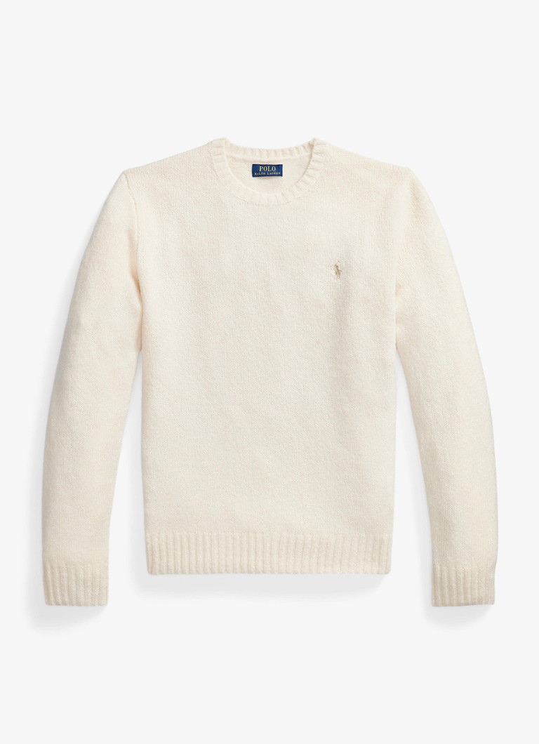 Ralph Lauren Heren Fijngebreide pullover in alpaca wolblend met logoborduring in de kleur Cream Tonal / Creme