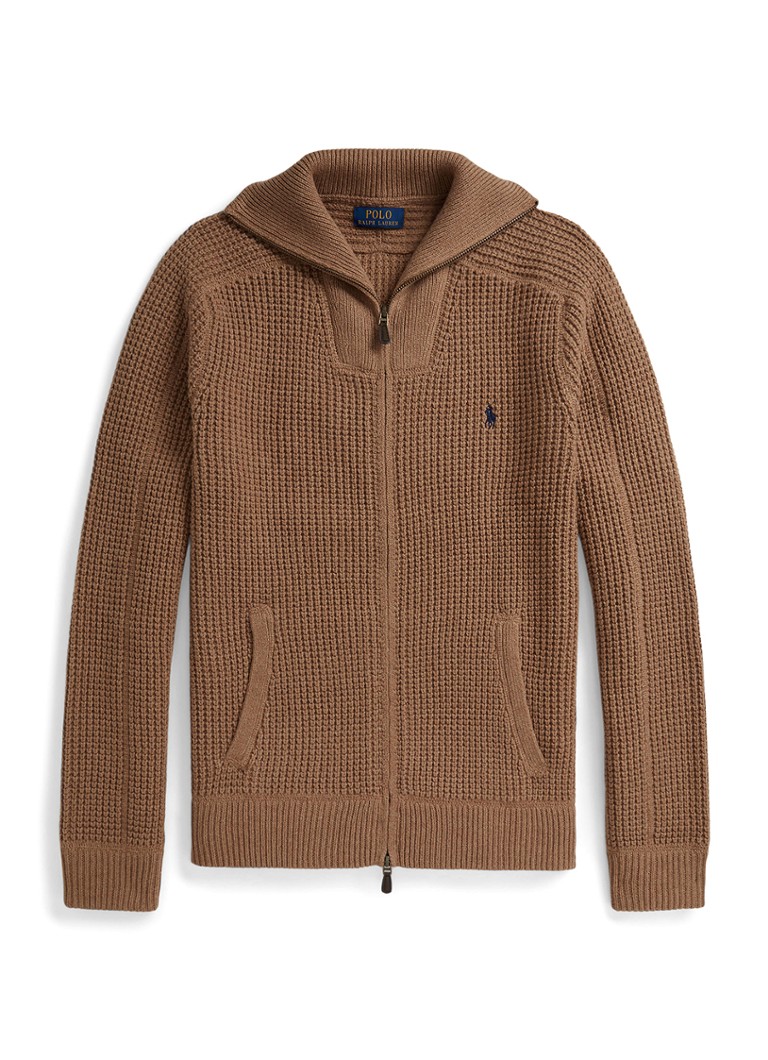Ralph Lauren Heren Grofgebreid vest in wolblend met logoborduring in de kleur Brown Sugar Melange / Bruin