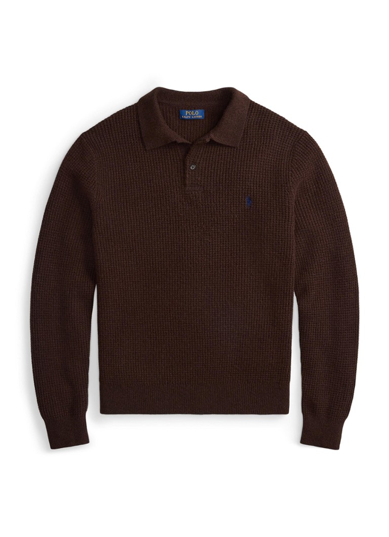 Ralph Lauren Heren Grofgebreide trui in wolblend met polokraag in de kleur Cocao Brown Heather / Donkerbruin
