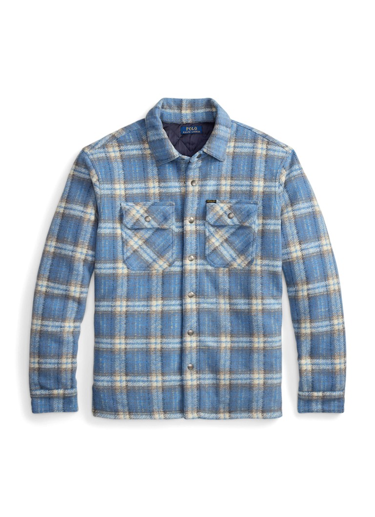 Ralph Lauren Heren Overshirt in wolblend met ruitdessin en borstzakken in de kleur Blue Plaid / Blauw