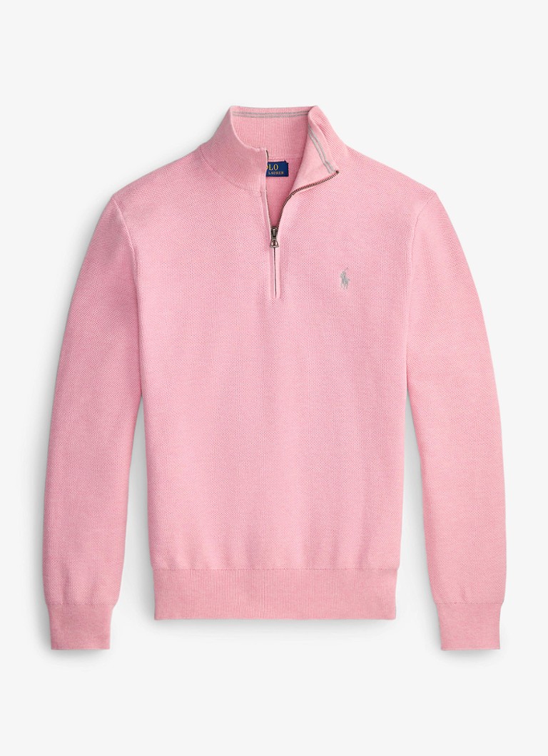 Ralph Lauren Heren Fijngebreide pullover met halve rits en logoborduring in de kleur Carnation Pink Heather